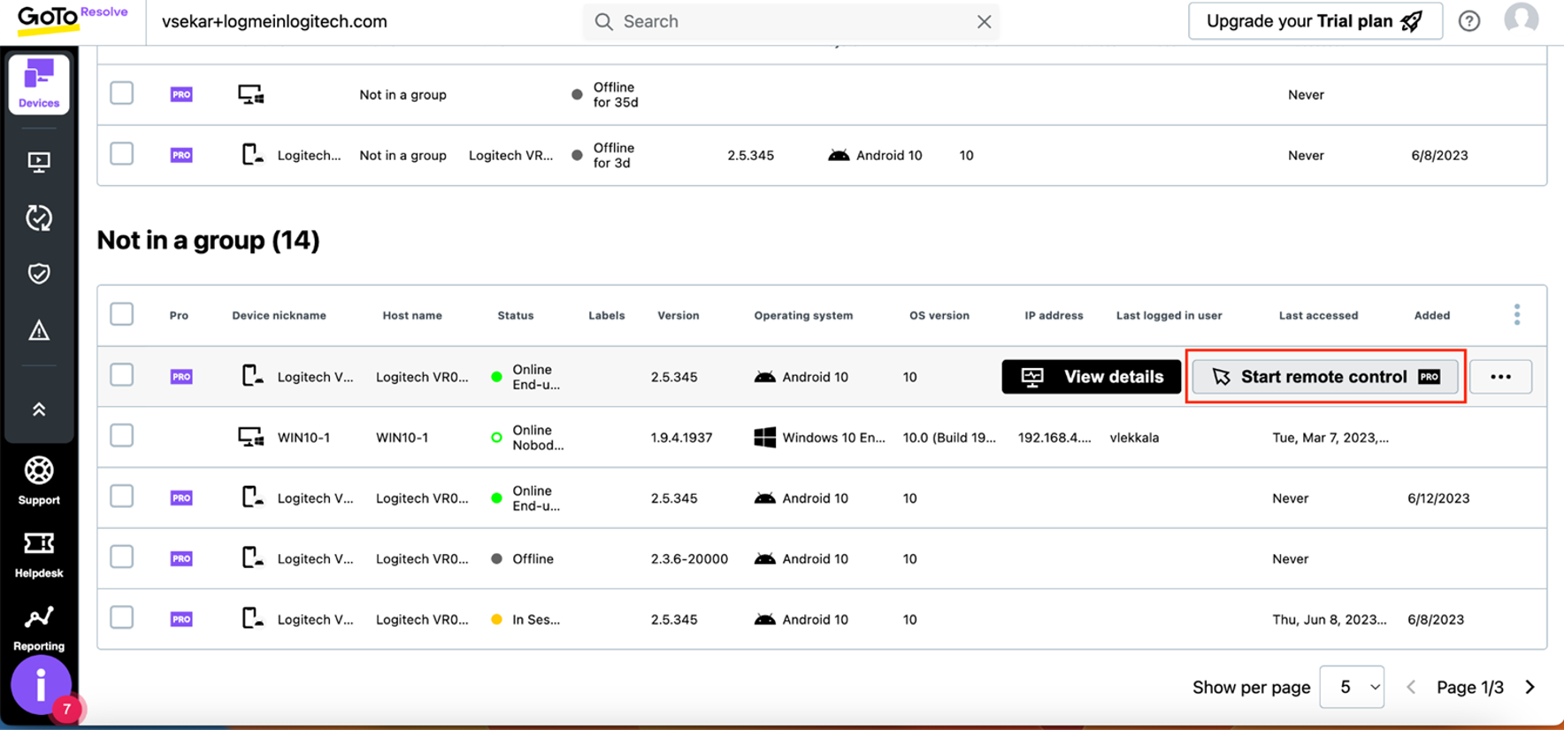 GoTo Resolve screenshot of Logitech integration: remotely access CollabOS appliances including Rally Bar, Rally Bar mini, and RoomMate