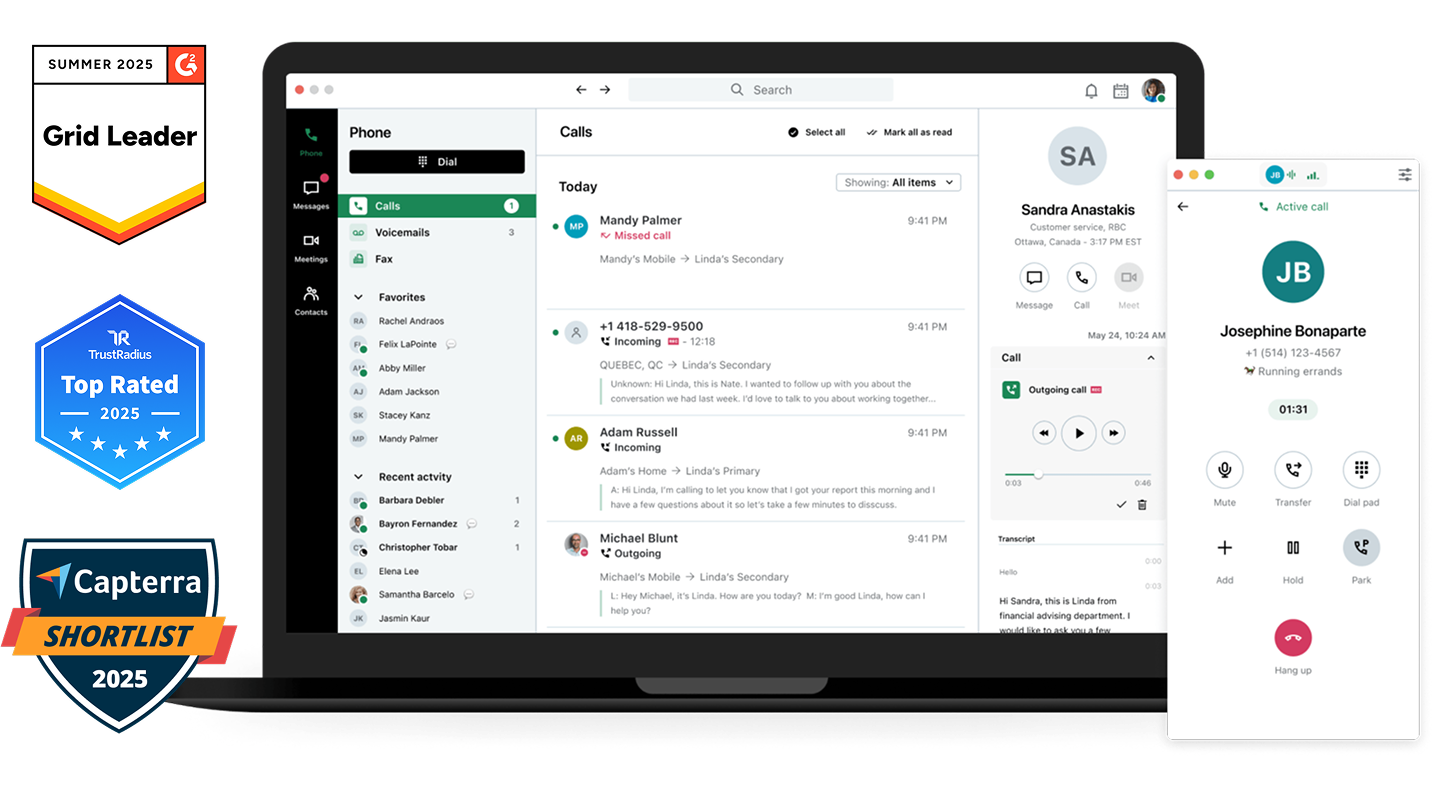 Image of the GoTo Connect’s contact center dashboard, featuring Badges for G2 Leader Fall 2023, TrustRadius Best Value of Price of 2023, and Capterra Shortlist 2023