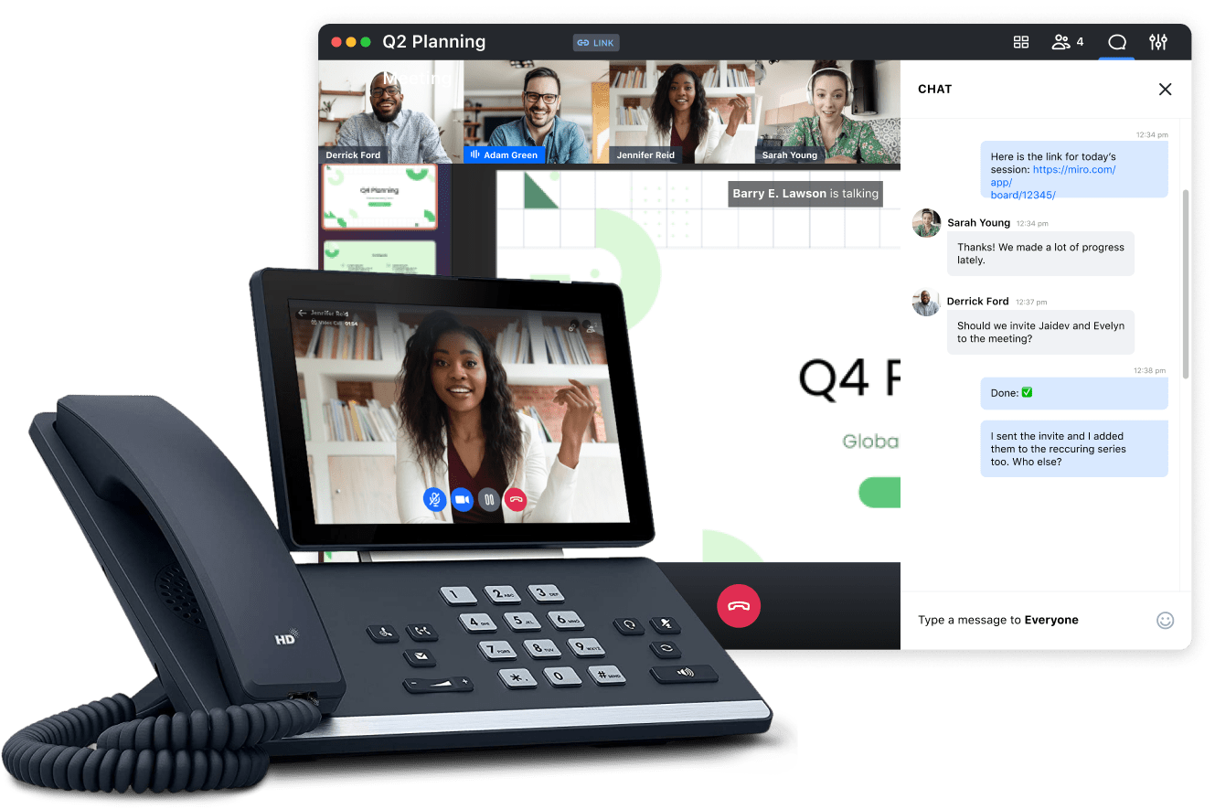 Arrangement of a desk phone and desktop interface, showing all the ways you can use GoTo Connect across different devices and places.