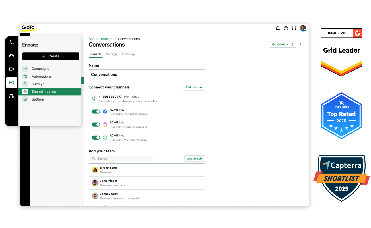 Image of the GoTo Connect’s contact center dashboard, featuring Badges for G2 Leader Fall 2023, TrustRadius Best Value of Price of 2023, and Capterra Shortlist 2023