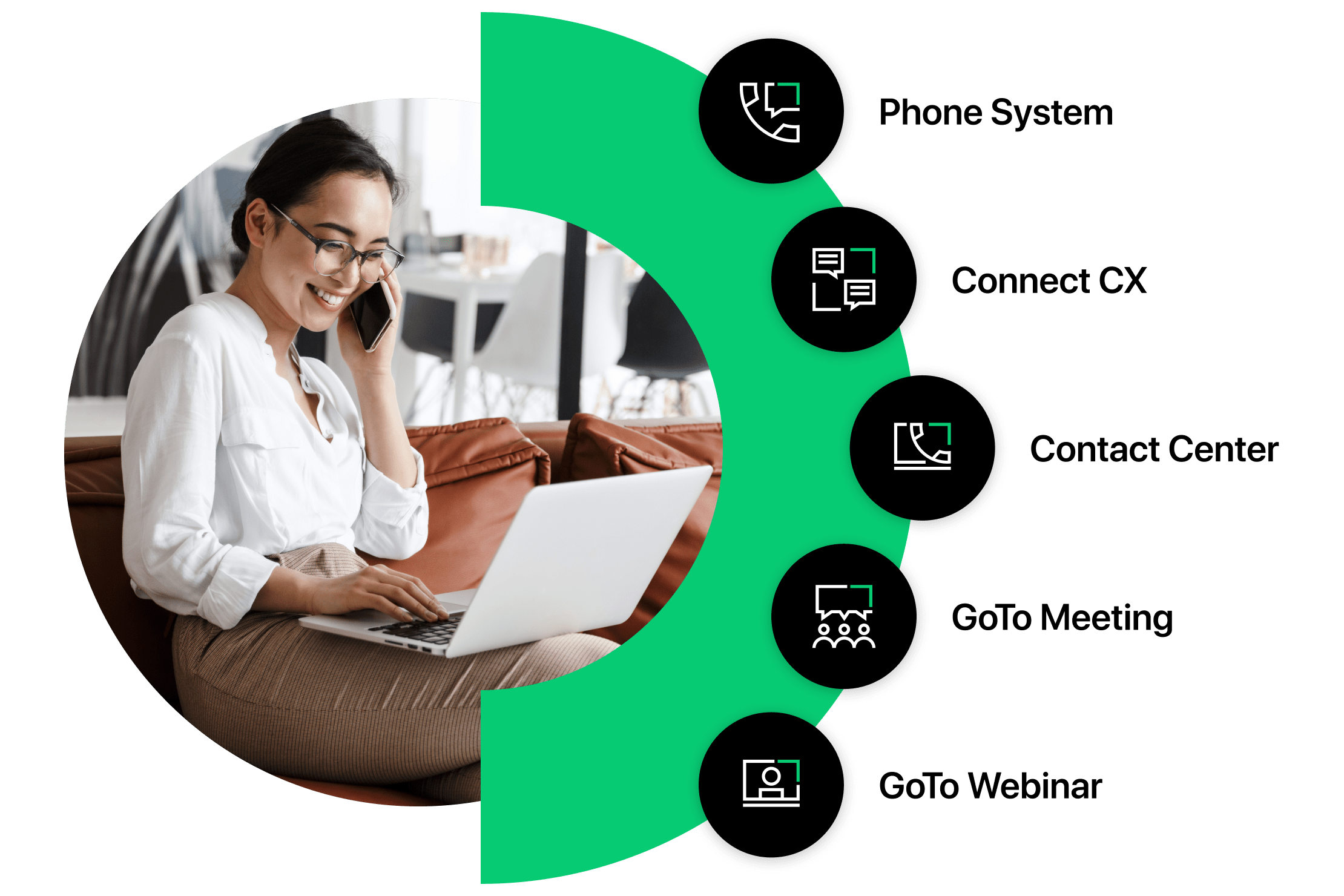 Collage van een vrouw die glimlacht op haar telefoon terwijl ze de AI-functies van GoTo Connect selecteert.