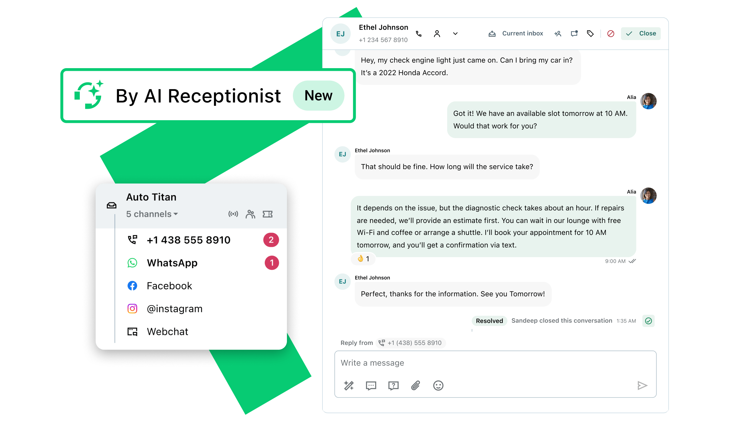 Interface de chat affichant une conversation entre un agent et un client, intégrée à plusieurs canaux de communication, notamment WhatsApp, réseaux sociaux, SMS et chat en ligne.