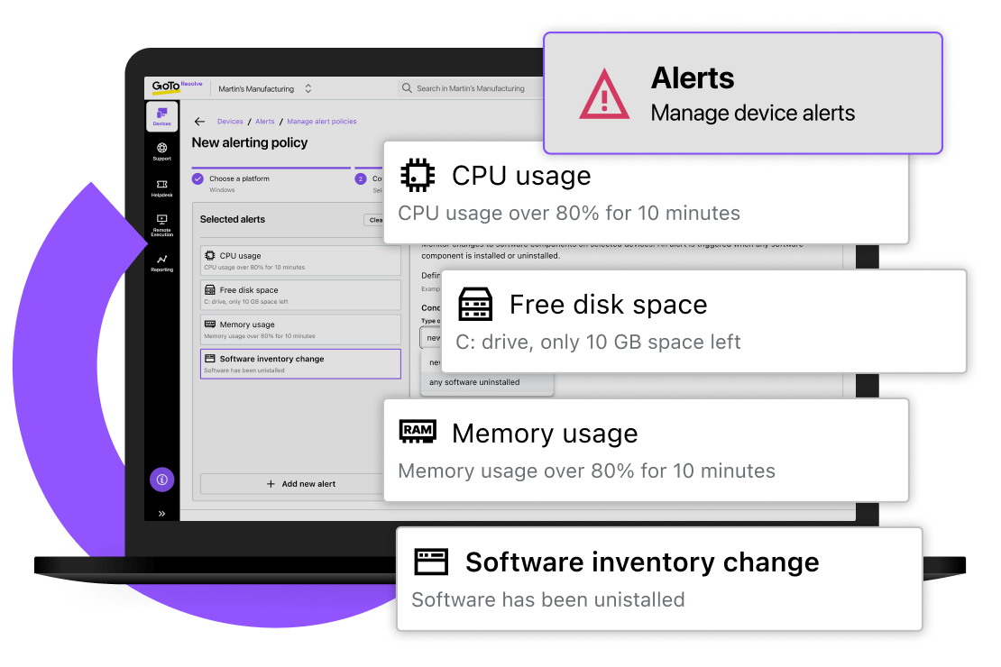 L’interface du logiciel d’alerte de GoTo Resolve vous permet de gérer les stratégies d’alerte, notamment pour les changements liés à l’utilisation du processeur, l’espace disque libre, l’utilisation de la mémoire et l’inventaire logiciel.