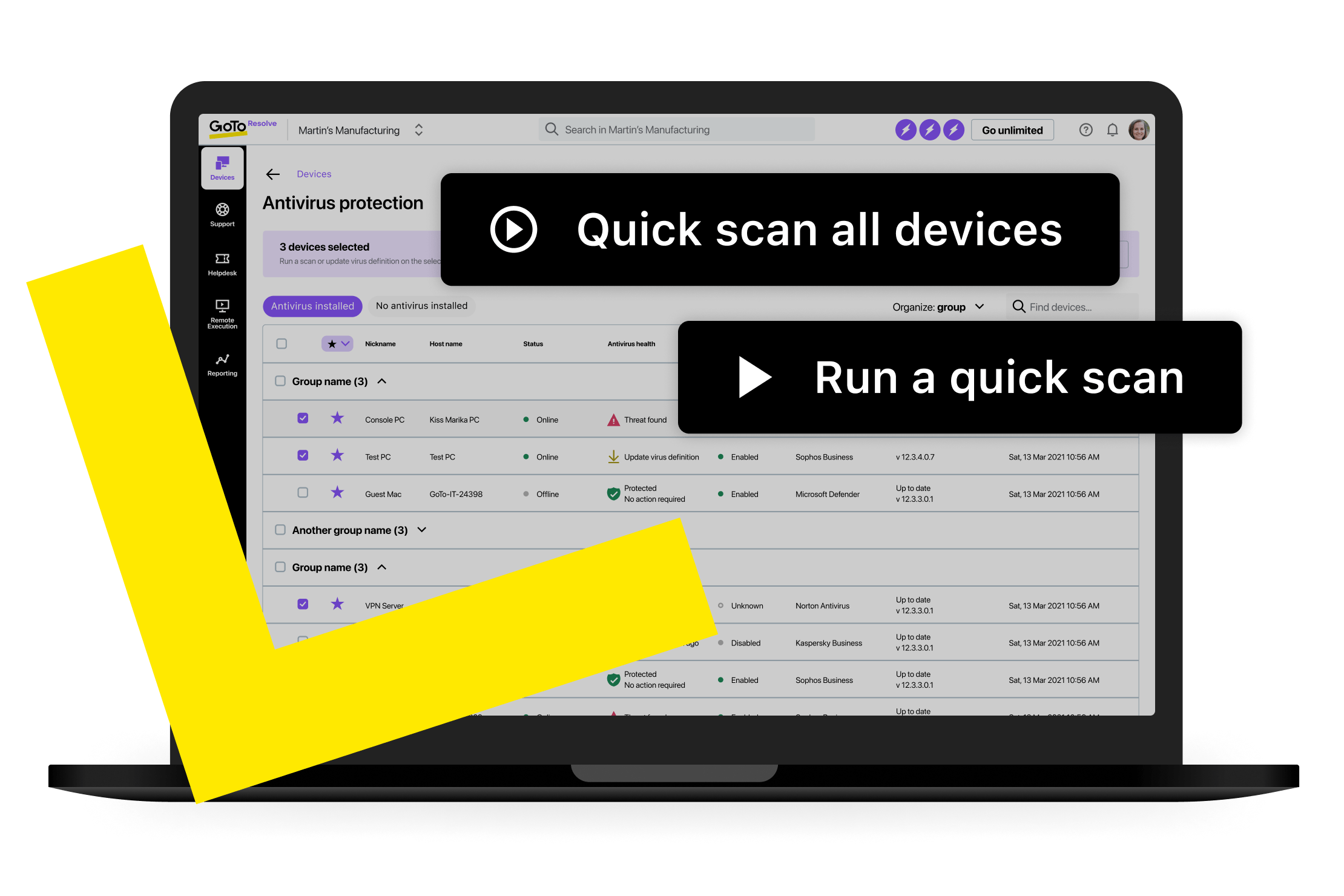 Screen view of GoTo Resolve’s “Scan all devices” and “Quick scan” features for managed antivirus.