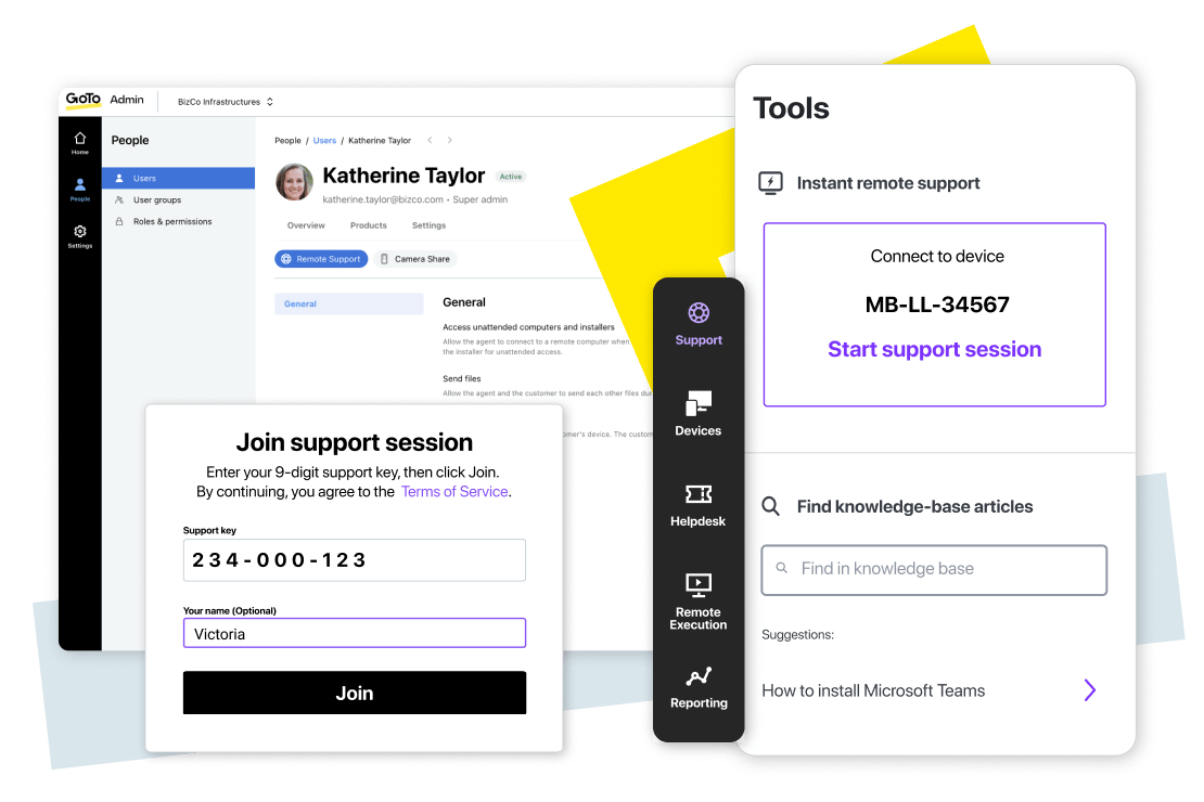Scenari di supporto remoto con interfaccia GoTo Admin.
