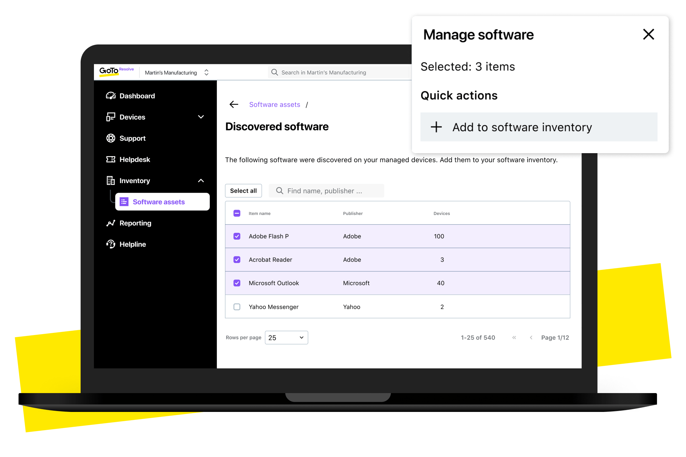 Interface de descoberta automatizada de software do GoTo Resolve exibindo informações do sistema e opções de gerenciamento.