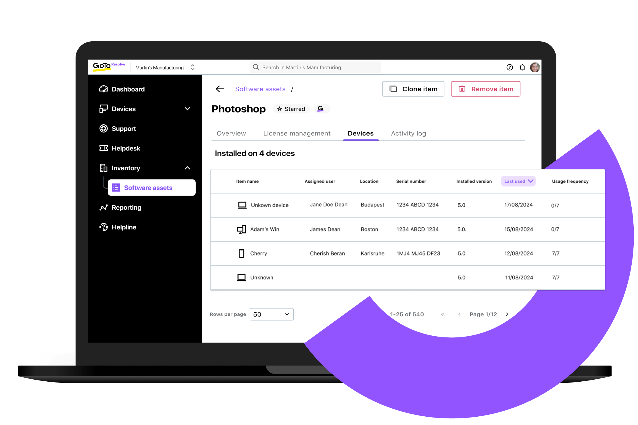 Interface de uso de software do GoTo Resolve mostrando o Photoshop instalado em 4 dispositivos com uma lista de detalhes dos dispositivos.