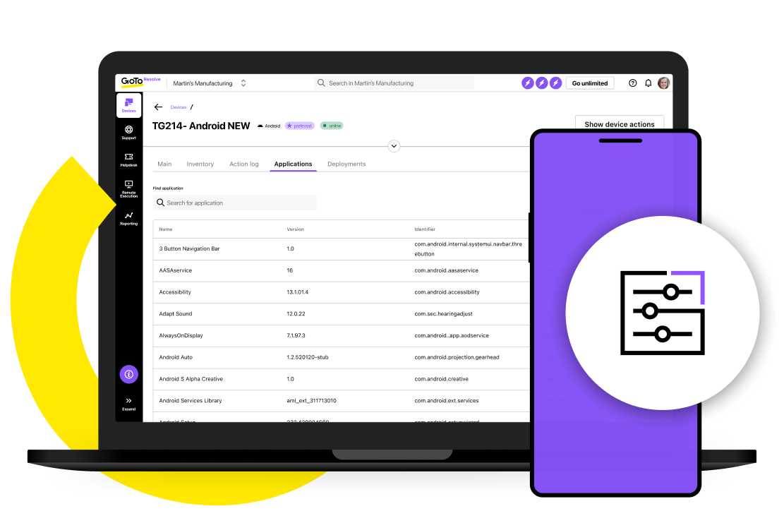 Visualização da tela dos recursos de gerenciamento de apps em dispositivos do GoTo Resolve.
