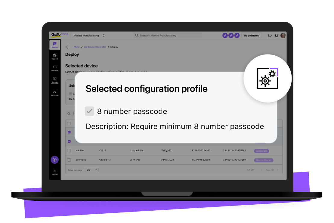 Vista de los ajustes de perfiles de configuración para dispositivos de GoTo Resolve.