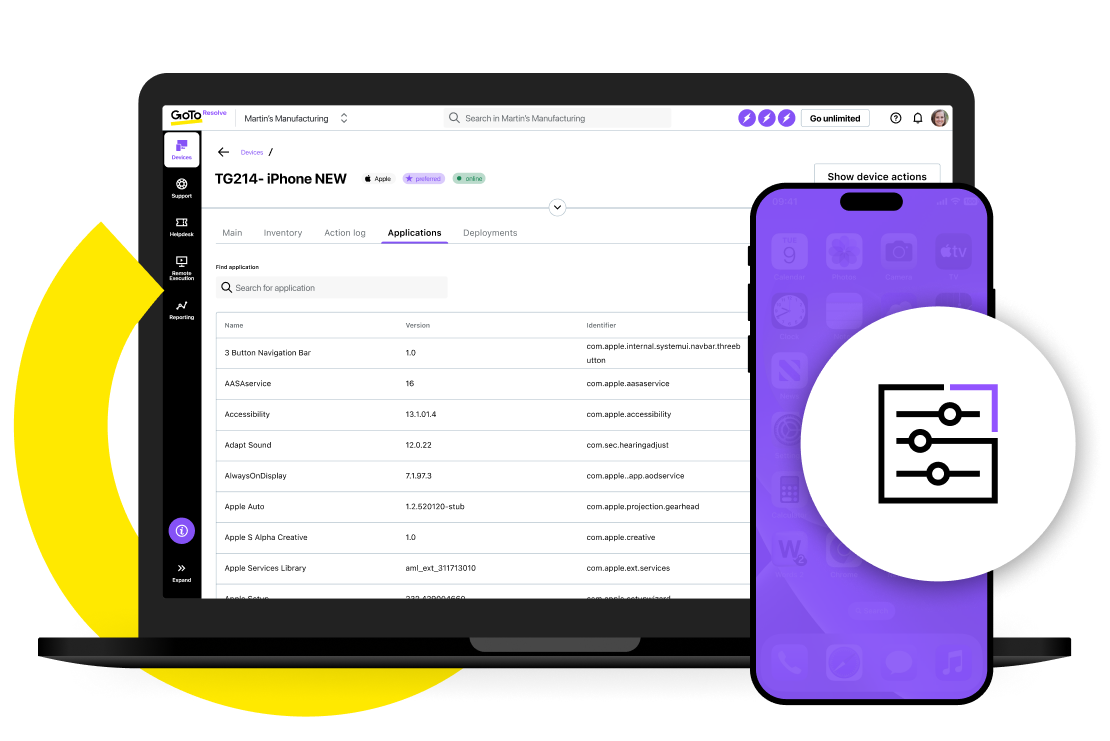 Vista de las funciones de administraciones de aplicaciones en los dispositivos de GoTo Resolve.