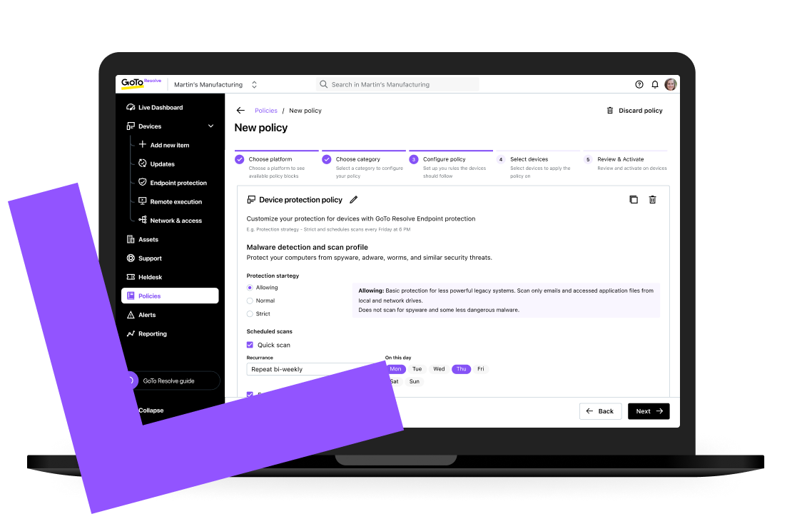 Vista de las funciones de automatización de dispositivos y políticas de dispositivos de GoTo Resolve.