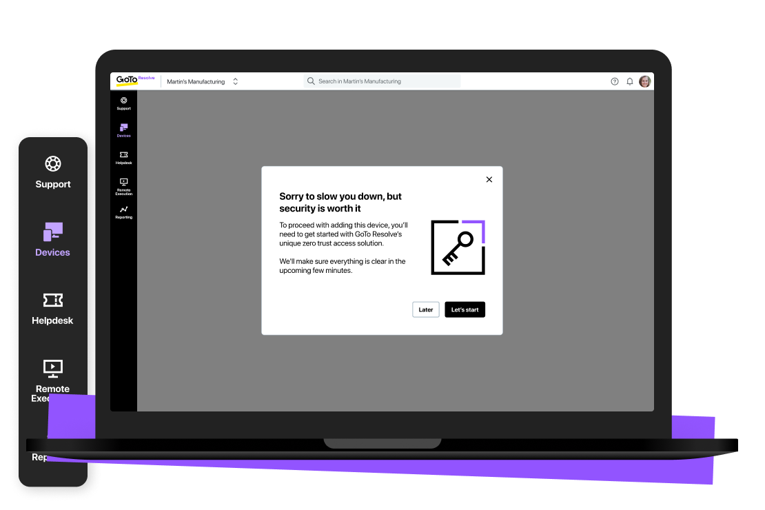 Een adviseur die een aanvraag voor diens beveiligingssleutel bekijkt in GoTo Resolve.