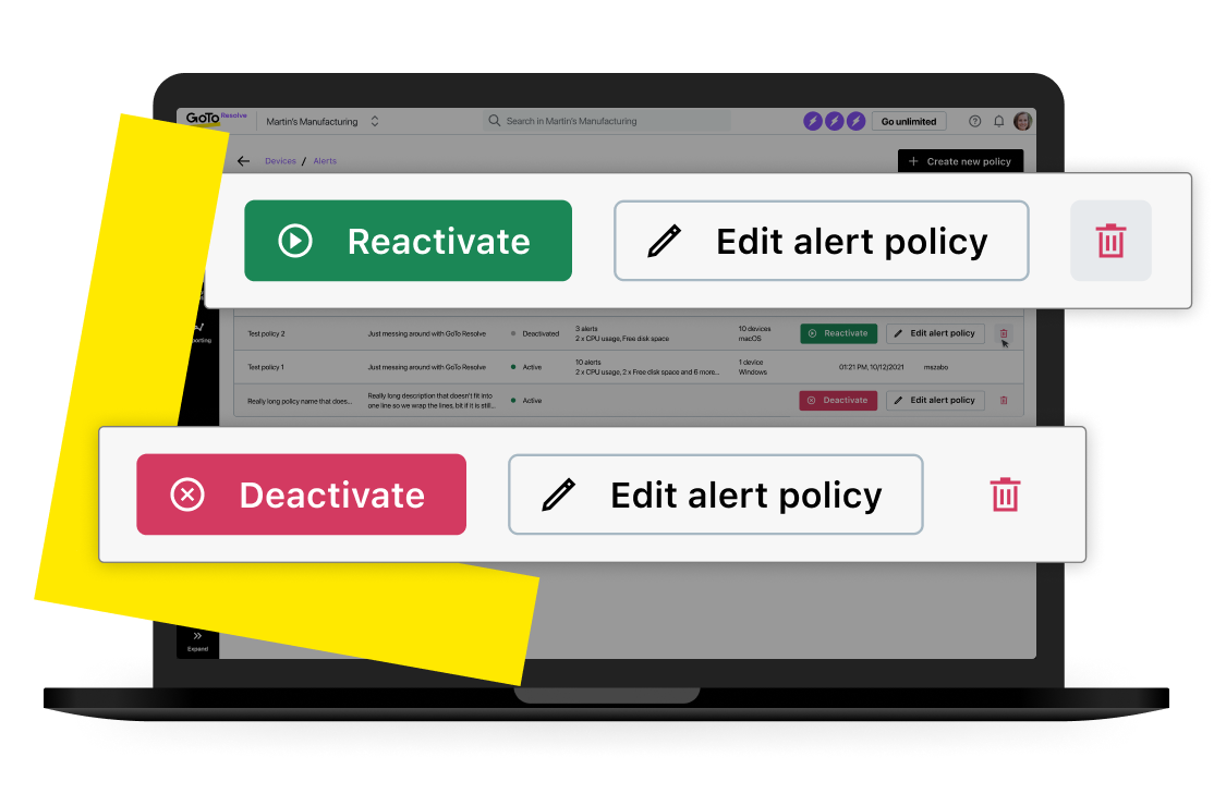 Alertas sobre el estado de los ordenadores del software de monitoreo remoto de GoTo Resolve en la pantalla de un portátil.