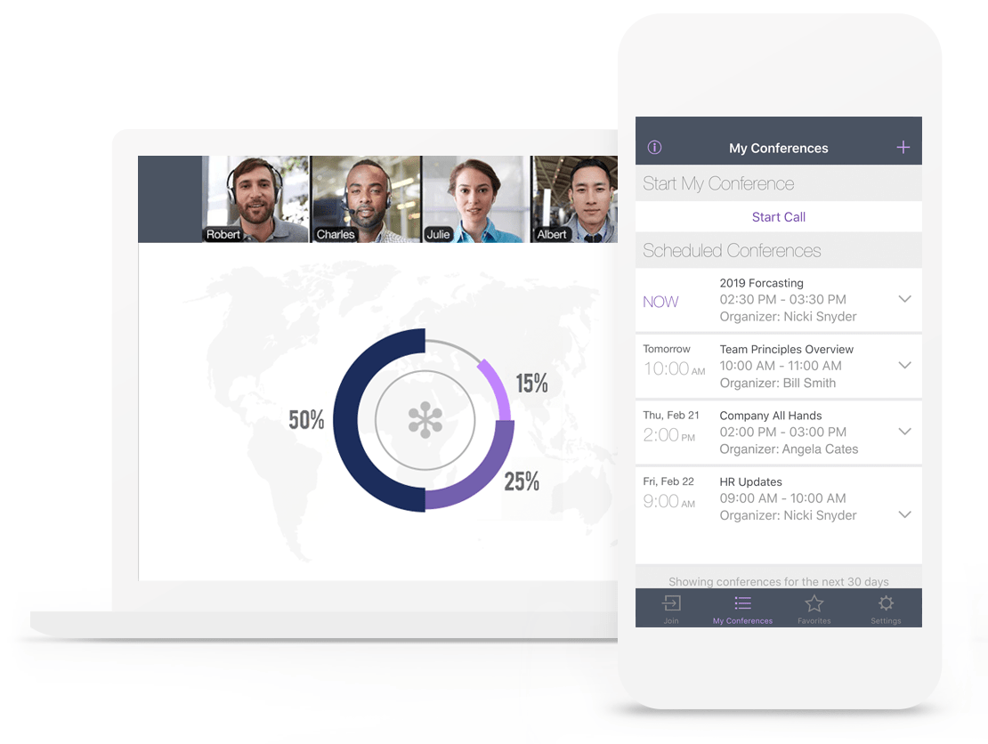 Uma videoconferência em grupo no OpenVoice para desktop e dispositivos móveis e uma tela mostrando as conferências programadas no OpenVoice para dispositivos móveis.