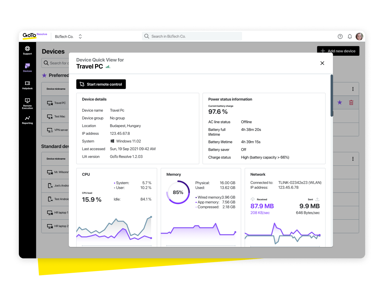 Screen showing a quick overview of a remote device, including performance metrics like GPU and memory