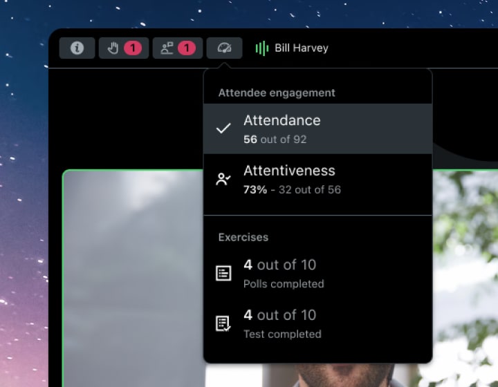 Vista de pantalla del panel de control de GoTo Training que se muestra después de que comienza la clase.