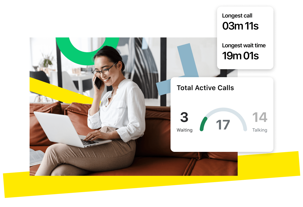 Mujer divirtiéndose en el teléfono, mientras muestra cómo GoTo Connect puede rastrear llamadas activas y estadísticas de llamadas promedio.