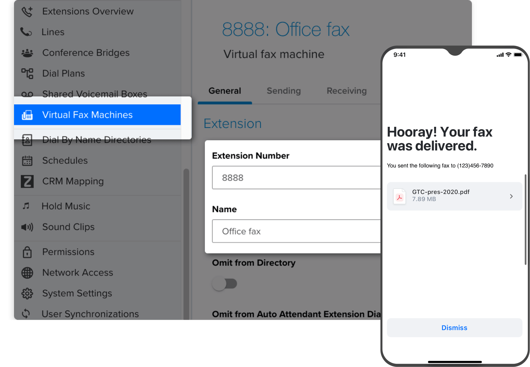 Fax delivery confirmation screen in GoTo Connect, 
viewed on smartphone.