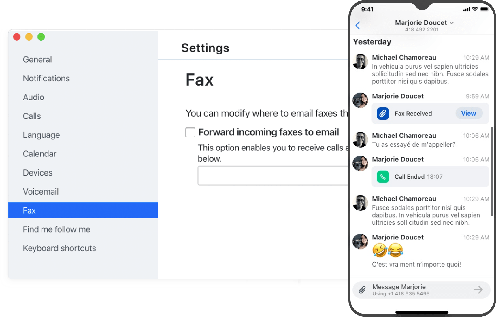 Setting up fax forwarding in GoTo Connect, with email inbox 
on mobile showing forwarded faxes
.