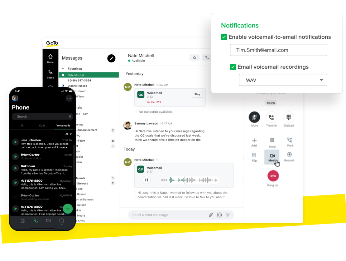 Collage van voicemailbox van GoTo Connect op desktop- en mobiele interfaces. 