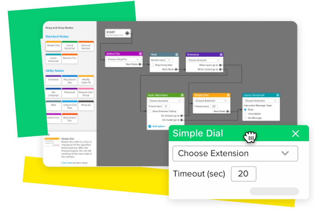 Screens showing the Dial Plan Editor for GoTo Connect, pop out UI of the Simple Dial and Extension choice features.