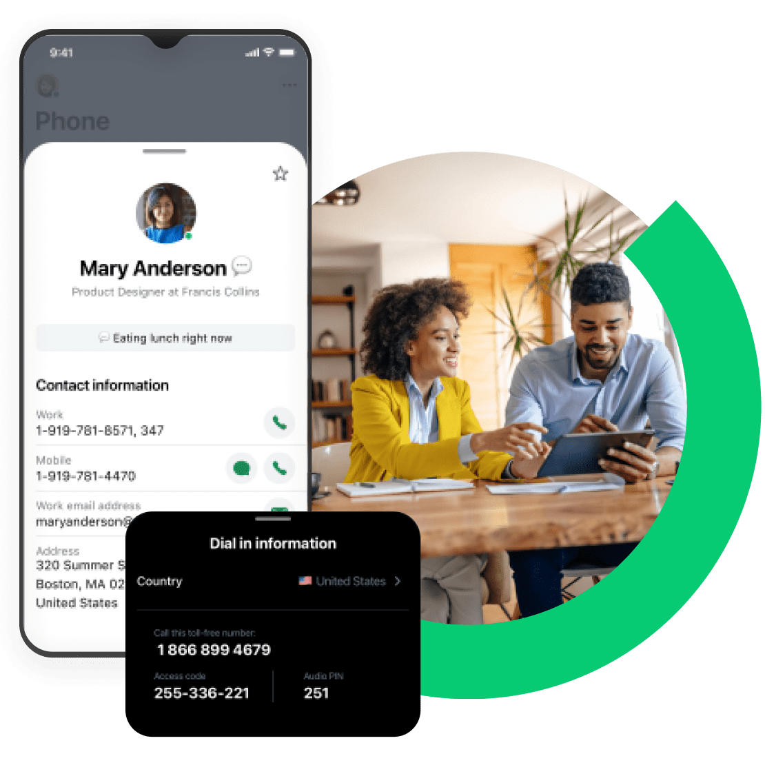 A phone screen showing a contact’s personal and office phone details, as well as dial in information such as extensions.