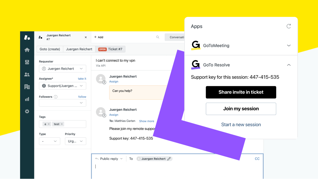 Pantallas que muestran un ticket de Zendesk y la opción de abrir una sesión de GoTo Resolve para dicho ticket.