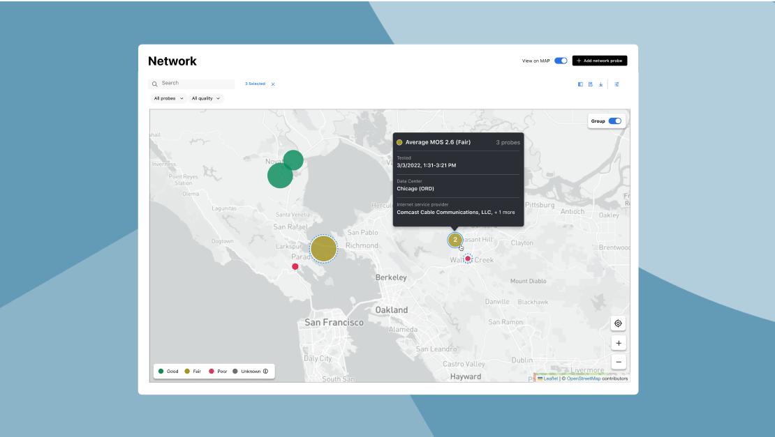 Mapa que muestra los puntos de las sondas de red y la intensidad de la conexión actual.