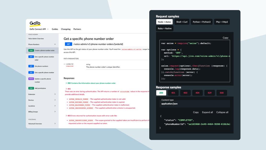 Pantallas de las guías de API de GoTo que muestran cómo obtener un pedido de número de teléfono específico en un repertorio de lenguajes de código.