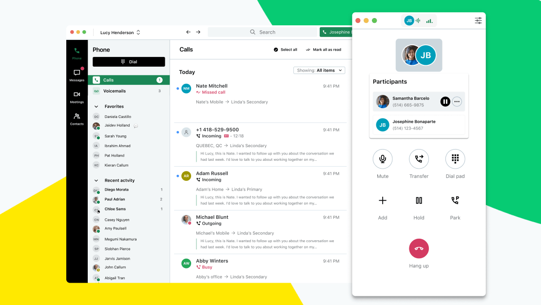 Pantalla de la aplicación de escritorio GoTo Connect que muestra a varios participantes en una llamada de voz.
