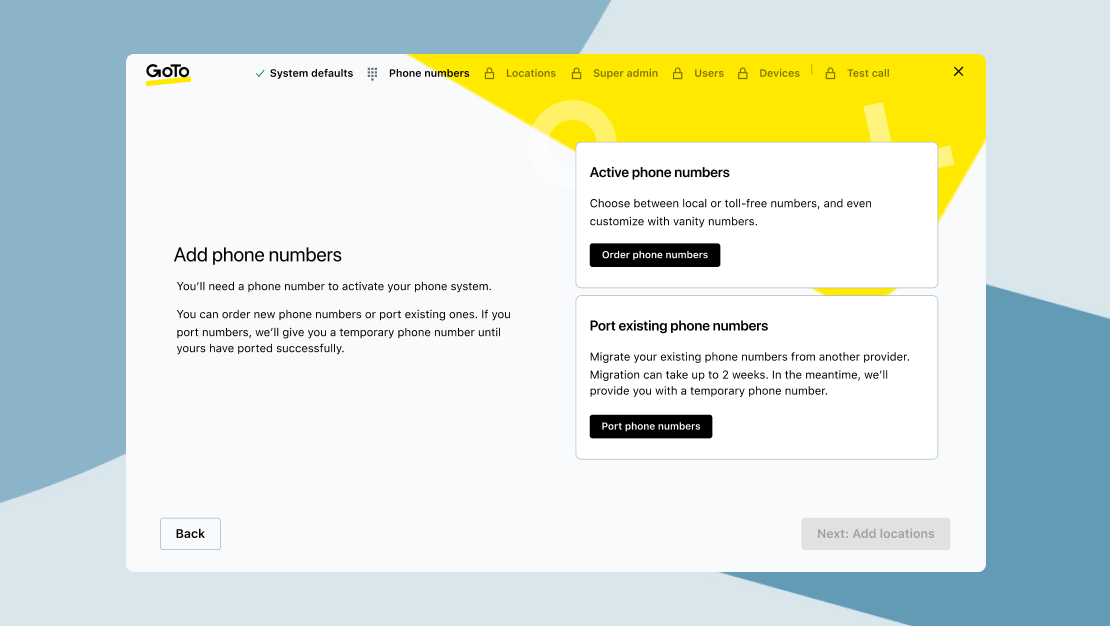 Nueva pantalla de incorporación de la aplicación GoTo que muestra las opciones para añadir nuevos números de teléfono o transferir números existentes.