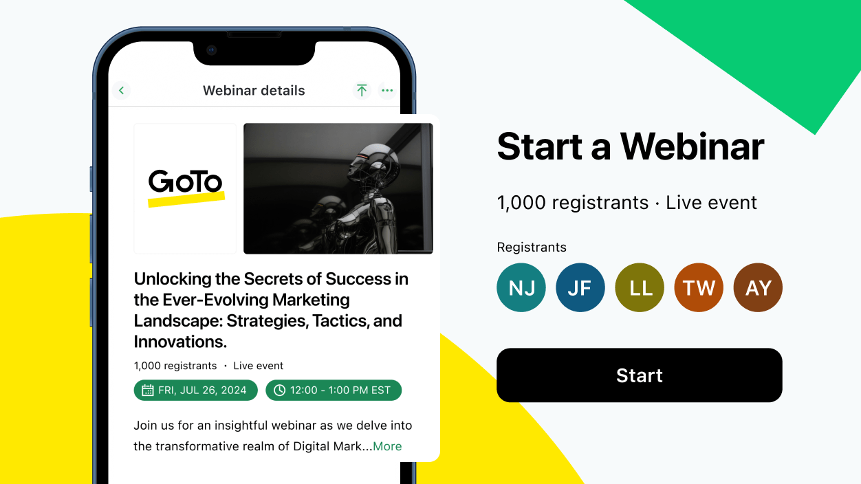 Demonstração de que o usuário pode hospedar sessões de webinar no GoTo Webinar de onde quiser, em qualquer dispositivo.