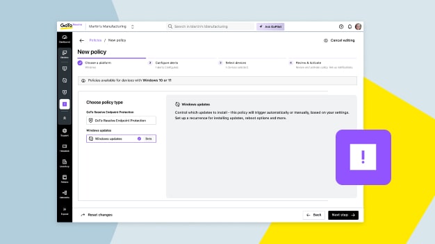 GoTo Resolve Windows Update Policies (Beta) automating patching with rescheduling, reboot, filters, and more.