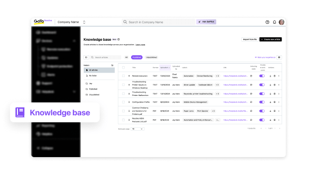 El panel de control de la base de conocimientos de GoTo Resolve incluye potentes herramientas de gestión y seguimiento para el entorno de TI.