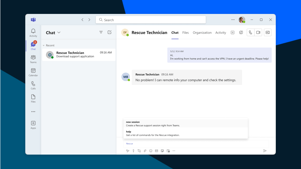 Scherm met een ondersteuningssessie op afstand van LogMeIn via Microsoft Teams.