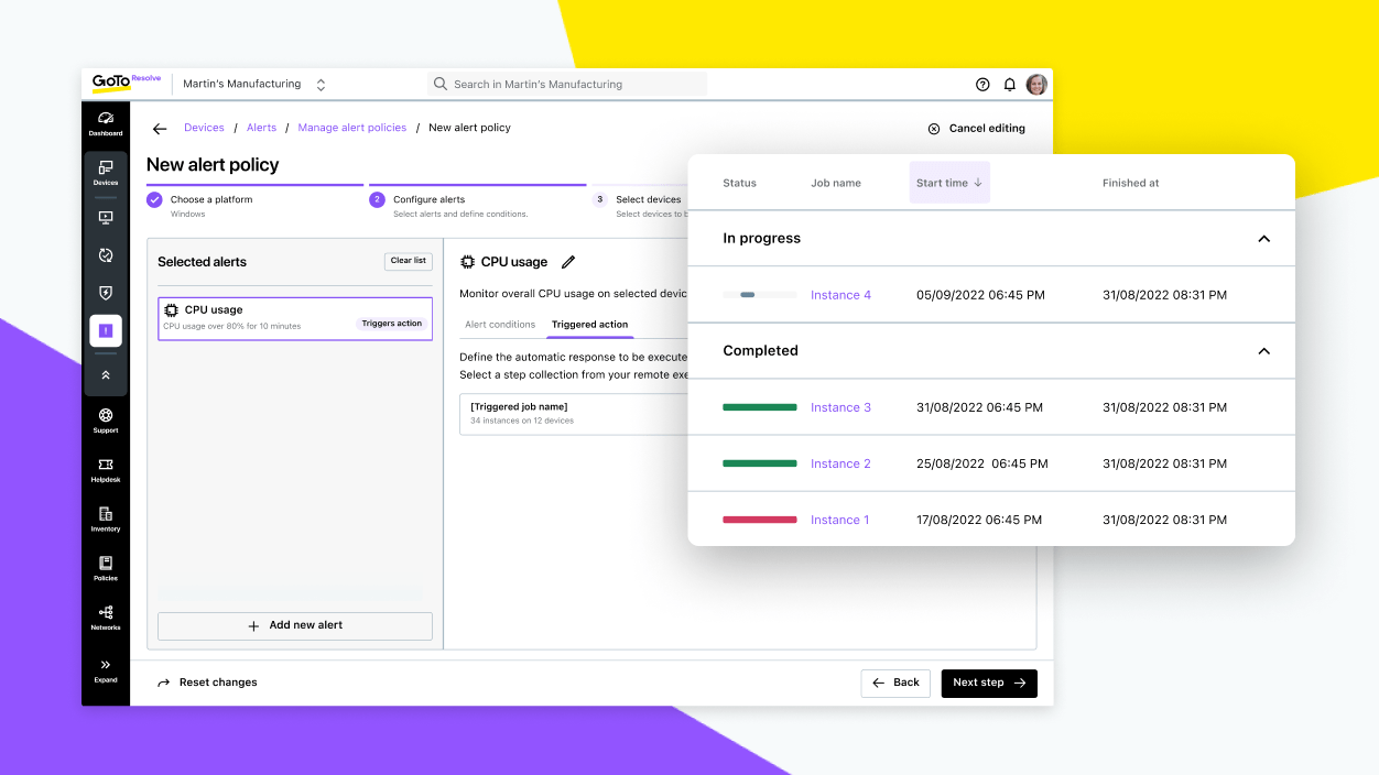 Scherm met een vooraf ingestelde oplossing voor een mogelijk probleem, met een tracker die automatische probleemoplossing monitort.