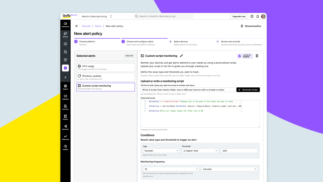 Scherm met een aangepast script voor monitoring dat gemaakt is met behulp van GoTo Resolve’s AI.