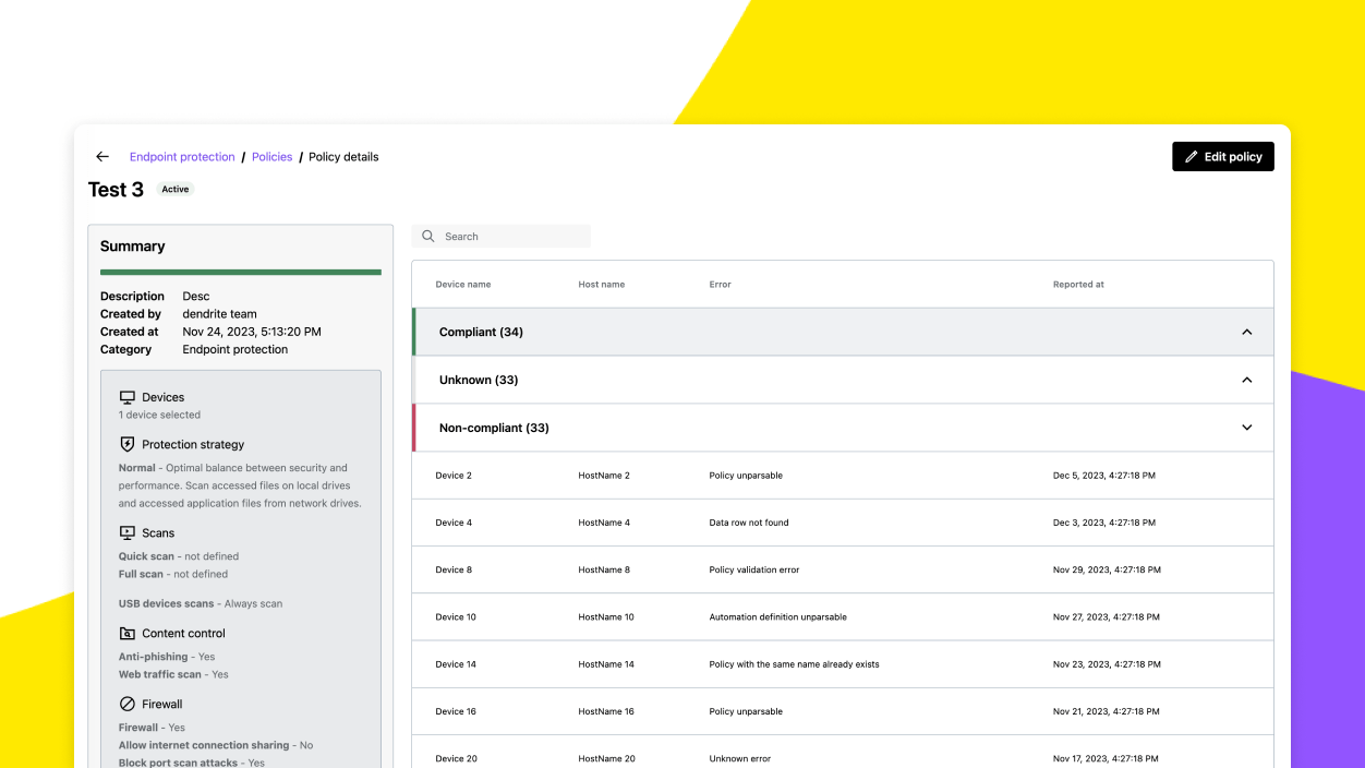 Scherm met een overzicht van beleidsregels voor meerdere apparaten met de add-on voor eindpuntbeveiliging van GoTo Resolve.
