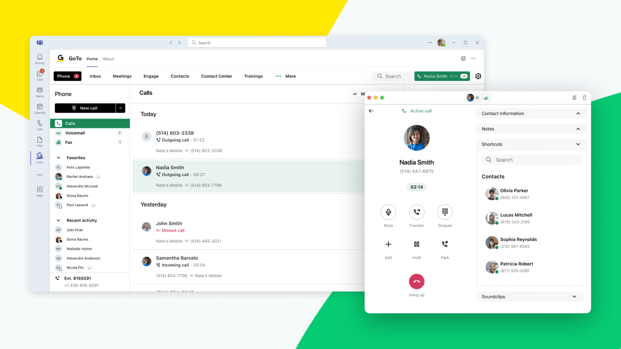 Scherm met de functies van GoTo Connect binnen Microsoft Teams.