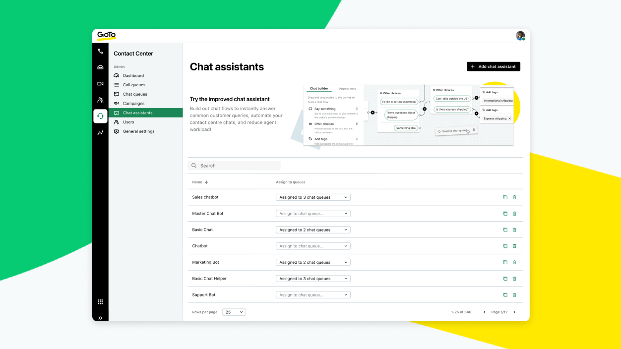 Scherm met de configuratie van gesprekspaden van de chatassistent in GoTo Contact Center.