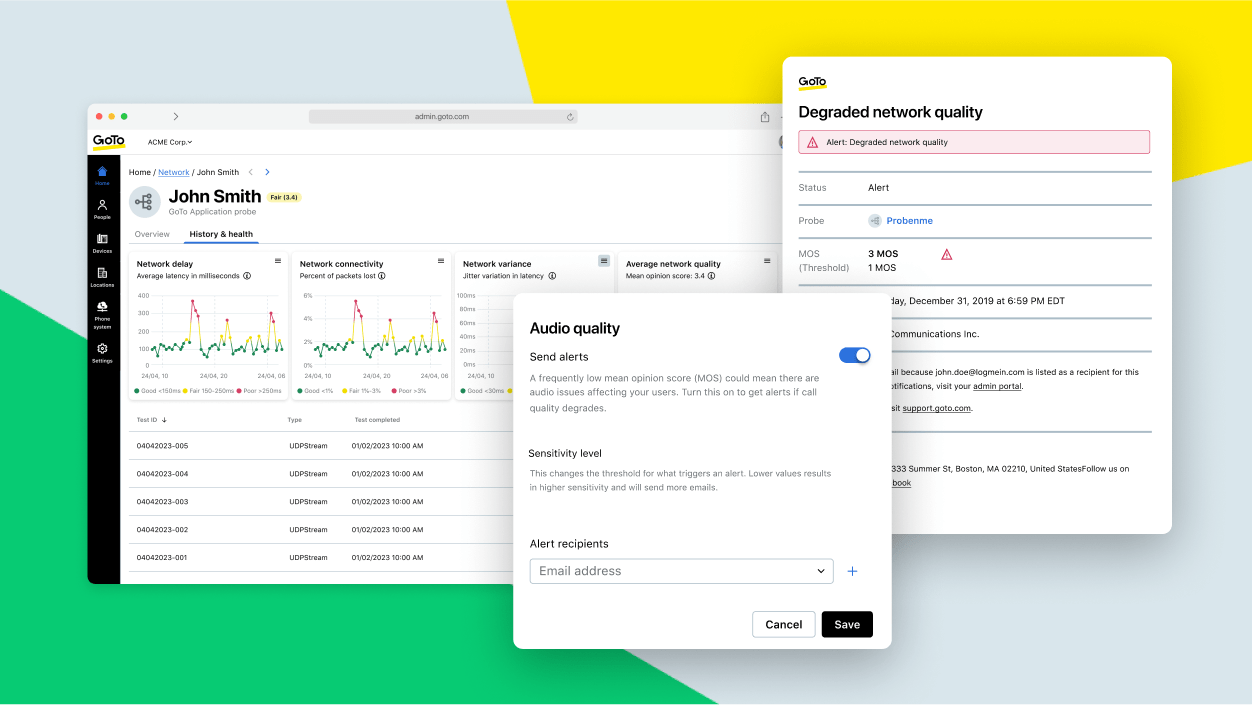 Weergave van monitoring van netwerkstatus, inclusief meldingen over lage audiokwaliteit en netwerkkwaliteit.