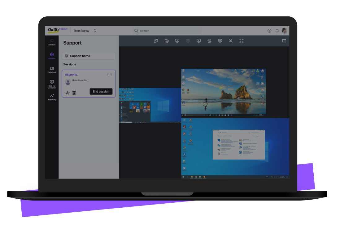 Weergave van GoTo Resolve’s console voor remote access tijdens een actieve sessie.