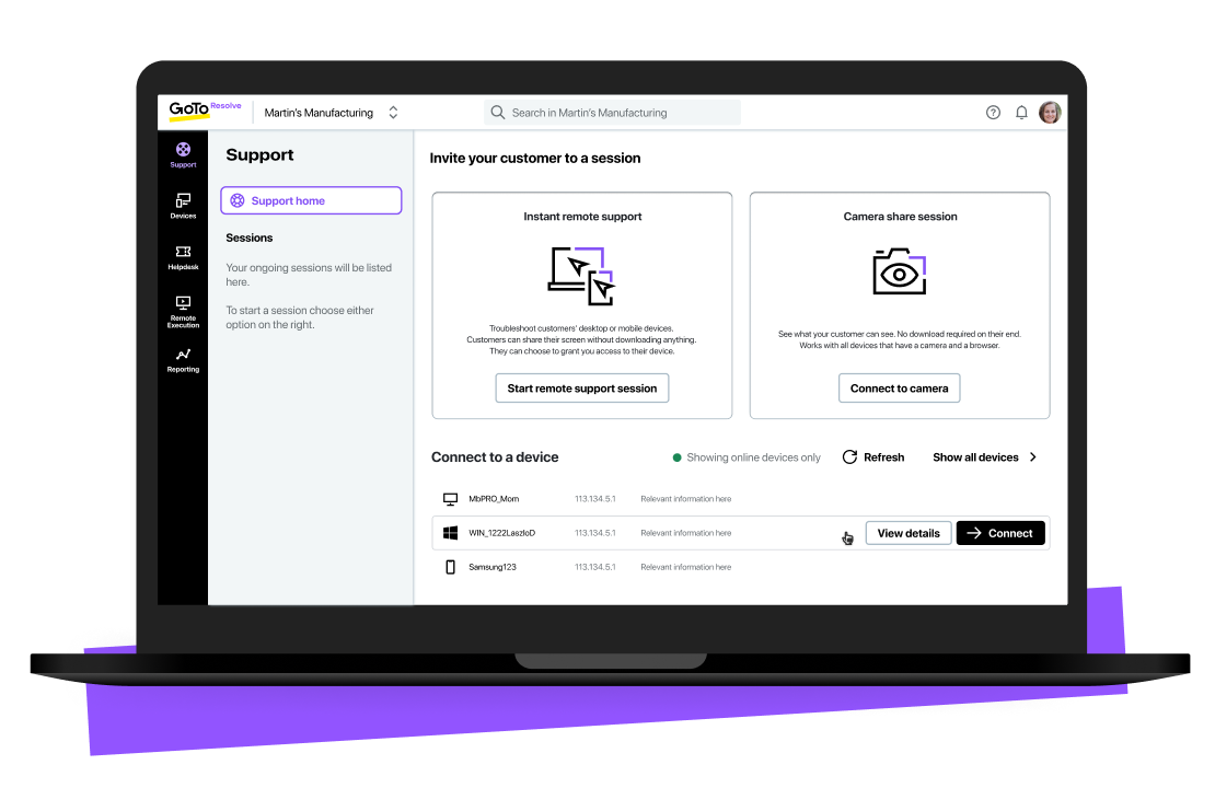 Weergave van het dashboard voor remote access van GoTo Resolve.