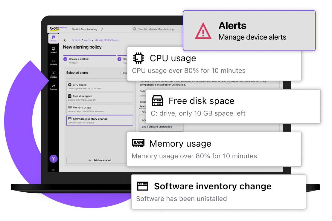 Vista do recurso de emissão de alertas de TI do GoTo Resolve em que são exibidas novas políticas de alerta, incluindo uso de CPU, espaço em disco, uso de memória e alteração no estoque de softwares.